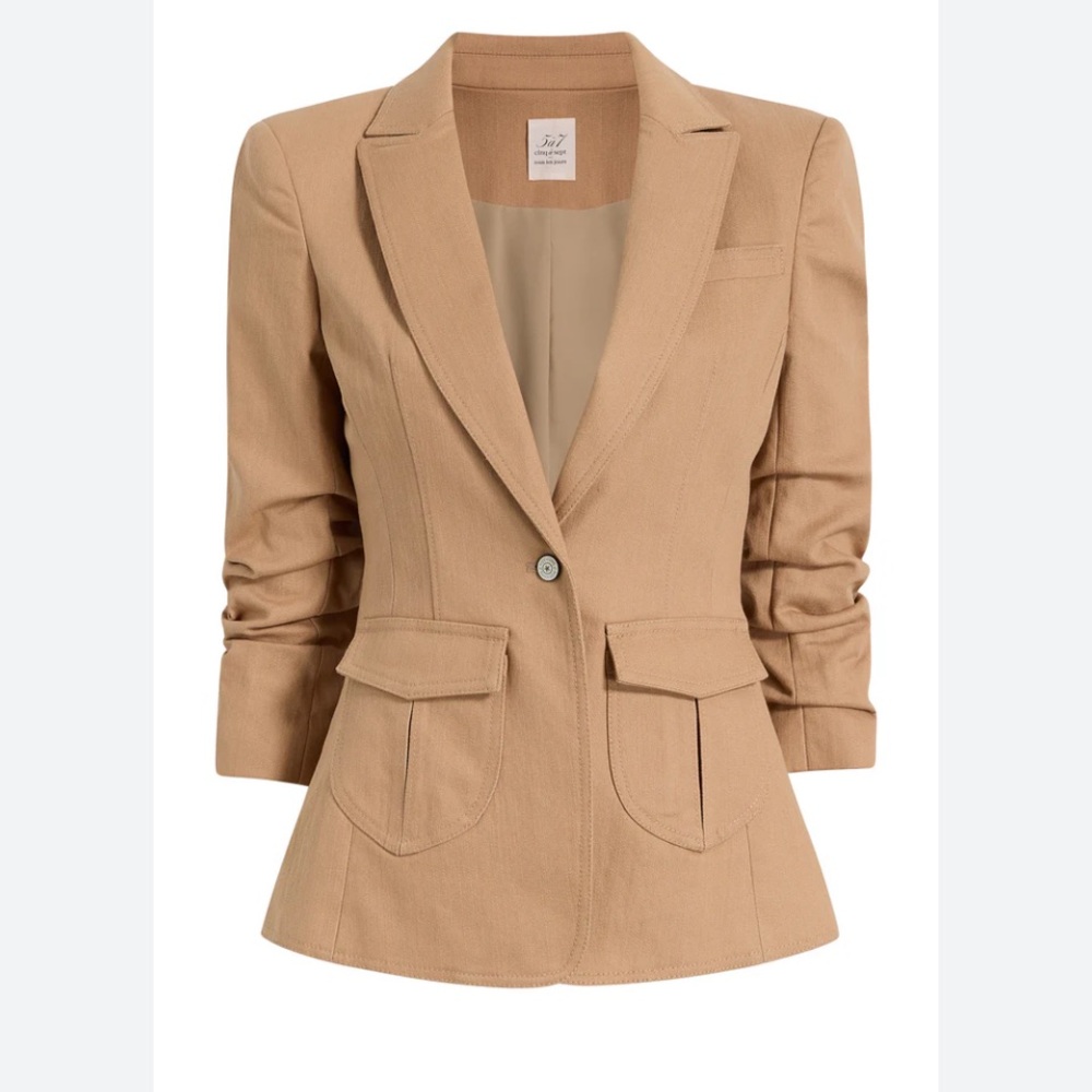 Cinq a Sept Louisa Tan Denim Blazer with Tailored Fit and Ruched Sleeves